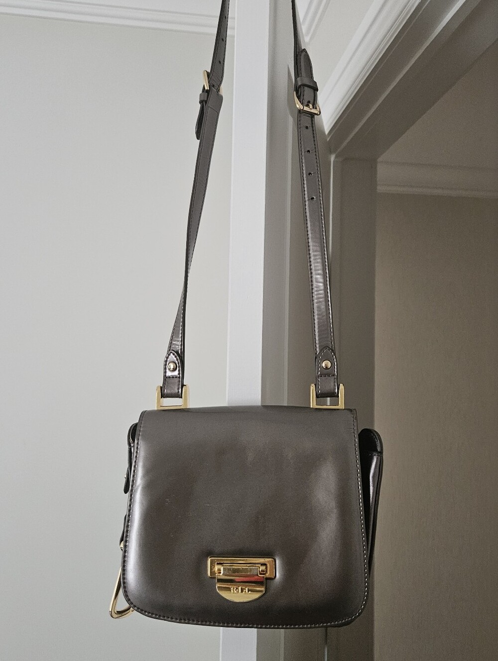 Ralph Lauren Metallic Gray Leather Crossbody Bag with Gold Hardware